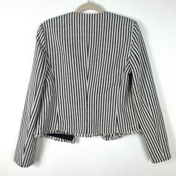 HUGO BOSS Black & White Striped KOMINA Fringe Trim Collarless Jacket size 8 - Picture 8 of 10